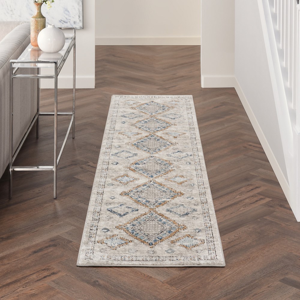 Quarry QUA14 Traditional Distressed Runner Rugs in Ivory Grey Blue